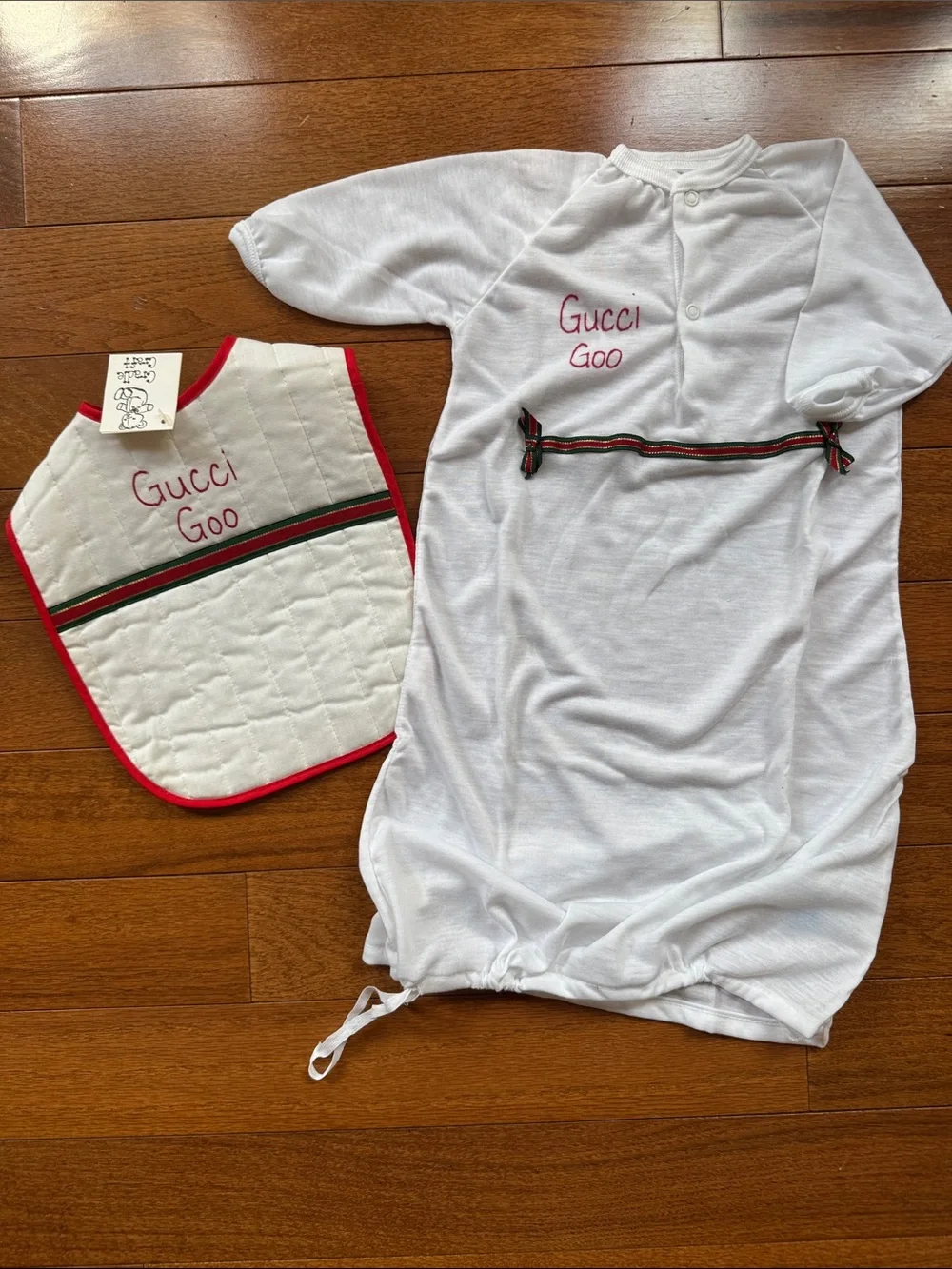 “Gucci Goo” White Sleep Sack and Bib Set with Red-Green Trim